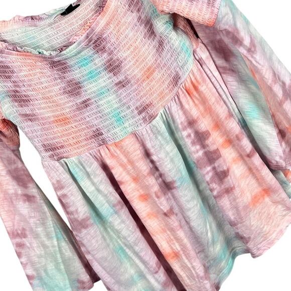 TORRID Women's 2X (2) Tie Dye Babydoll Knit Smocked Off-Shoulder Bell Sleeve Top - Picture 1 of 13